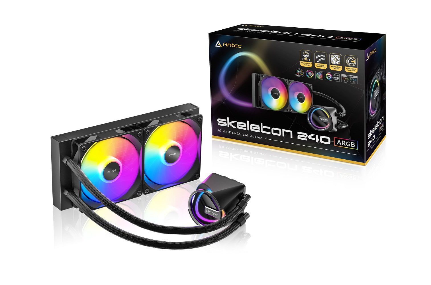 GUNMANSA Antec Skeleton 240 ARGB Liquid CPU Cooler, 240mm Radiator, 2 x 120mm PWM ARGB Fans, Hydraulic Bearing, Copper Base, Intel LGA 115X/1200/1700/20XX, AMD AM4/AM5, Black
