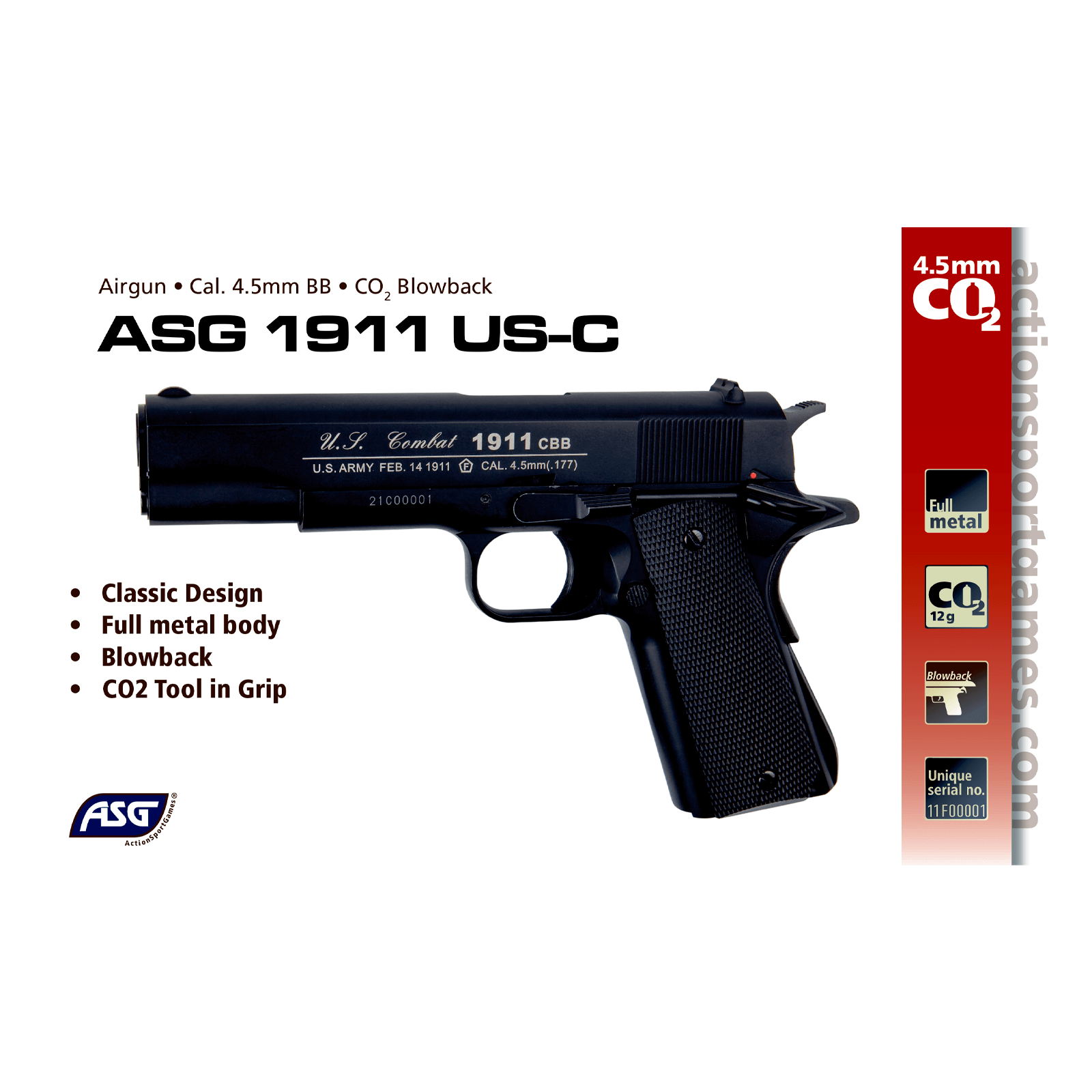 GUNMANSA ASG 1911 US-C Gas Gun (Semi Auto|Blowback|CO2|18 Rounds|420 FPS|2.85J|4.5mm BB) 19803