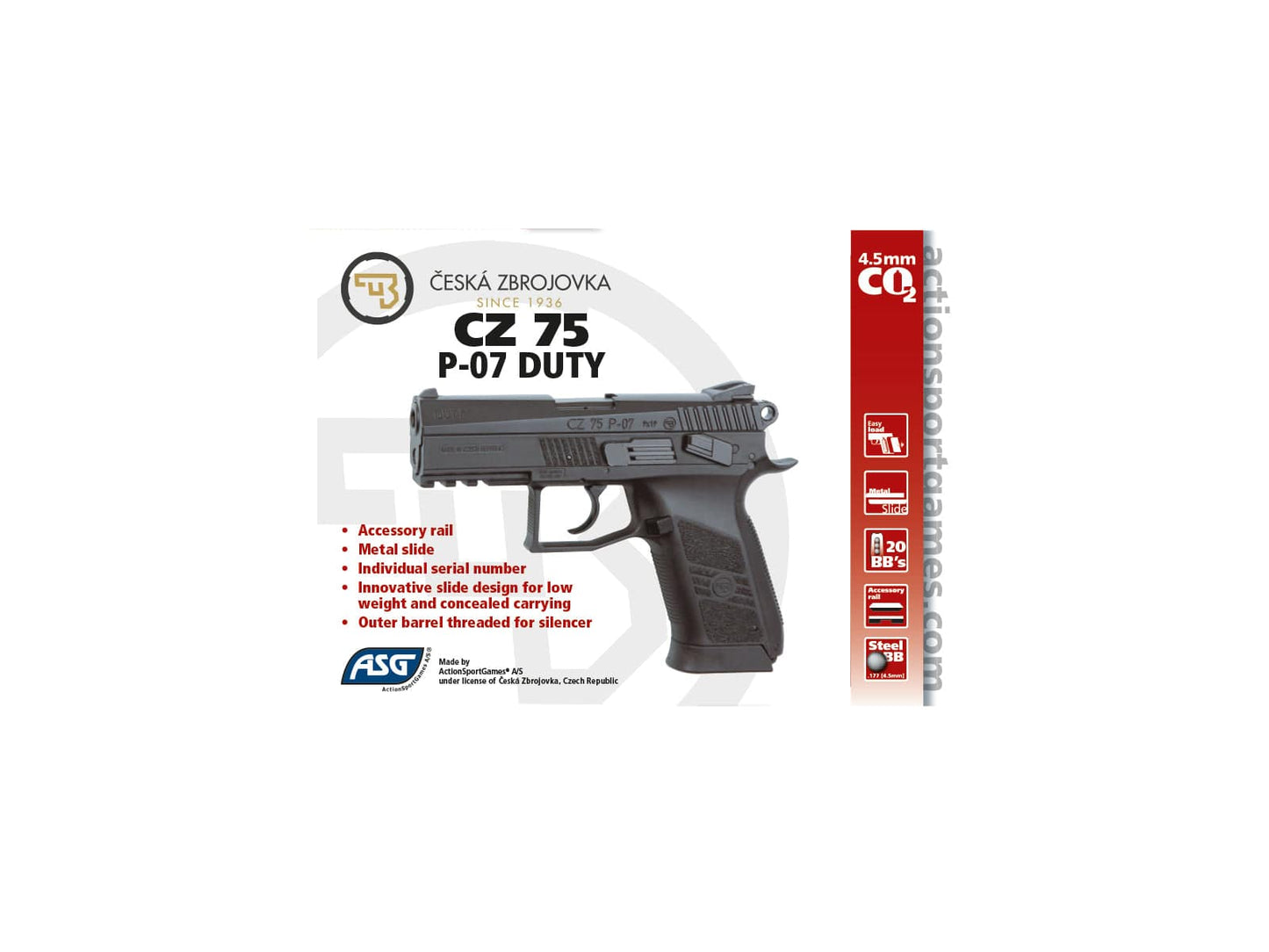 GUNMANSA ASG CZ 75 P-07 DUTY Gas Gun (Semi Auto|NBB|CO2|20 Rounds|390 FPS|2.5J|4.5mm BB) 16726