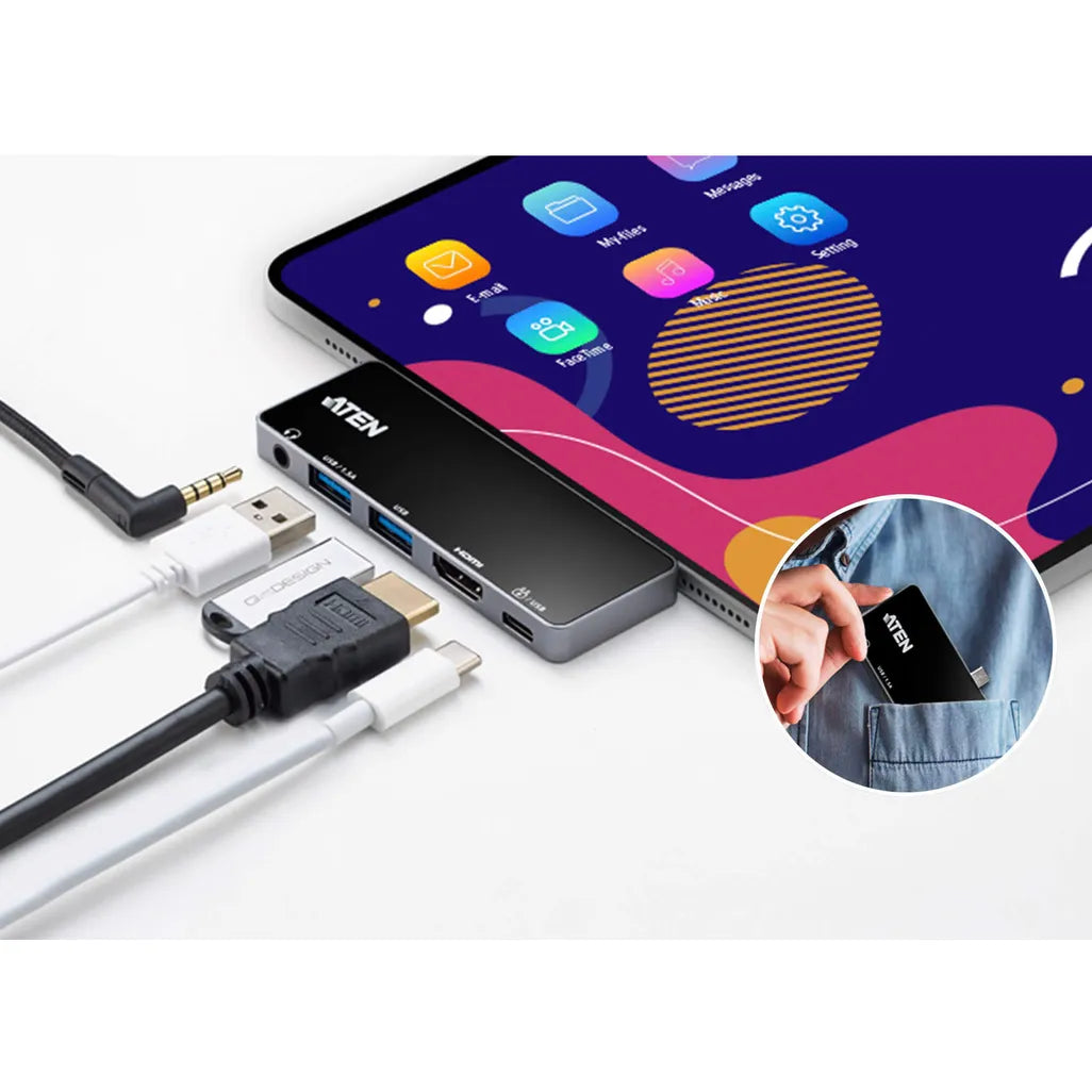 GUNMANSA ATEN Dock; USB-C 5-in-1 Travel Dock with Power Pass-Through - 1 x audio port; 2 x USB Type-A ports; 1 x HDMI; 1 x USB-C