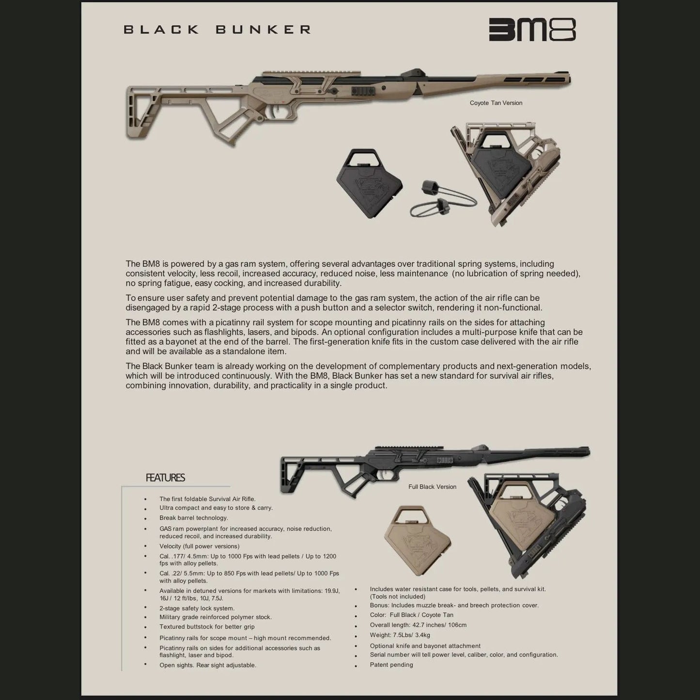 GUNMANSA Black Bunker BM8 Foldable Break Barrel Air Rifle (1200 Max FPS/ 4.5mm- .177/ 5.5mm- .22 Black/ Tan (Optional Bayonet 3.82") SPECIAL - GSA