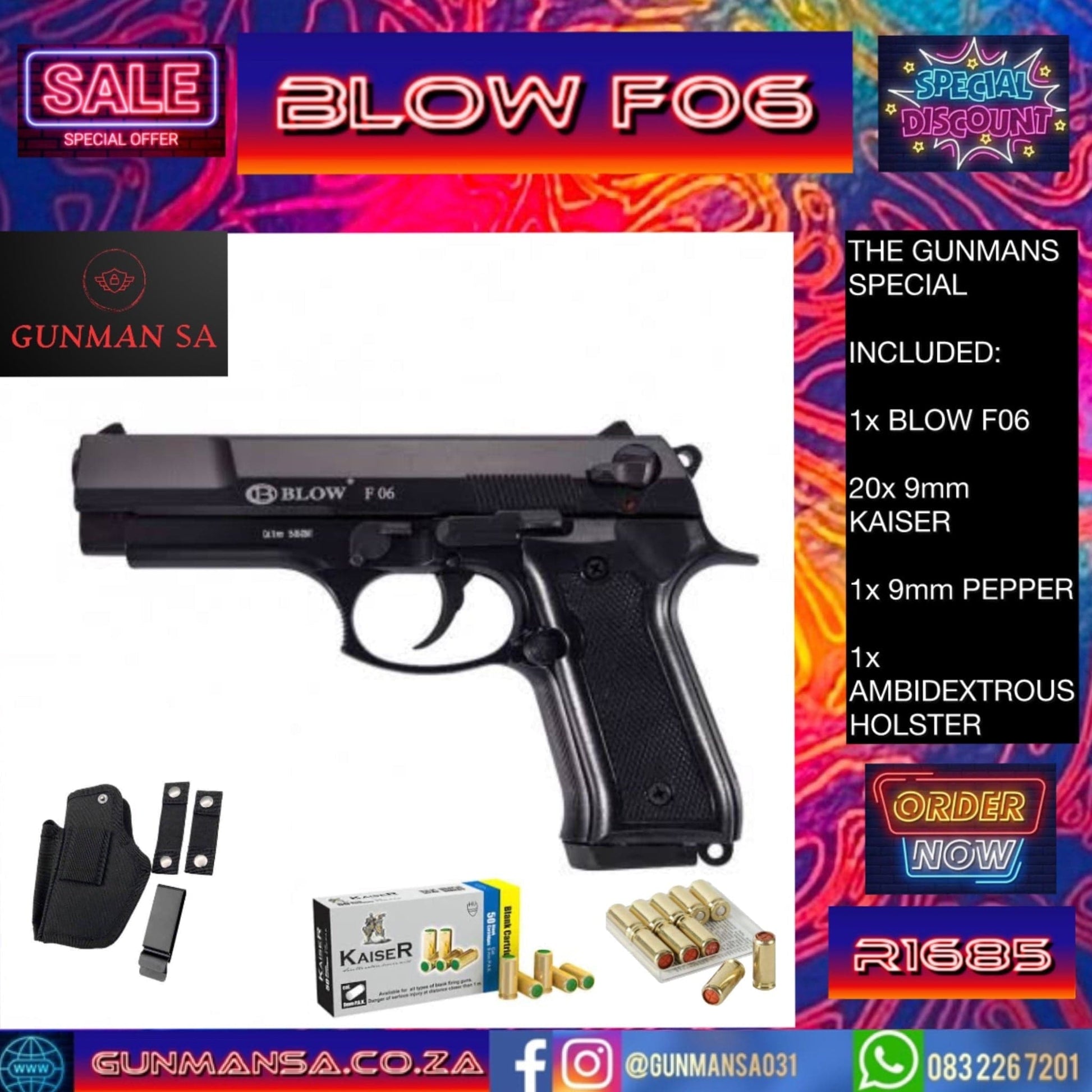 GUNMANSA BLOW F06 9mm BLANK/PEPPER GUN + 20 9mm Blanks + 1 9mm Pepper + 1 Ambidextrous Holster SPECIAL - GSA