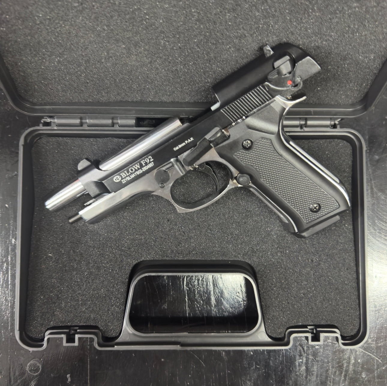 GUNMANSA Blow F92 Shiny Chrome|Black Blank/Pepper Gun (Semi Auto|15+1|9mm PAK)