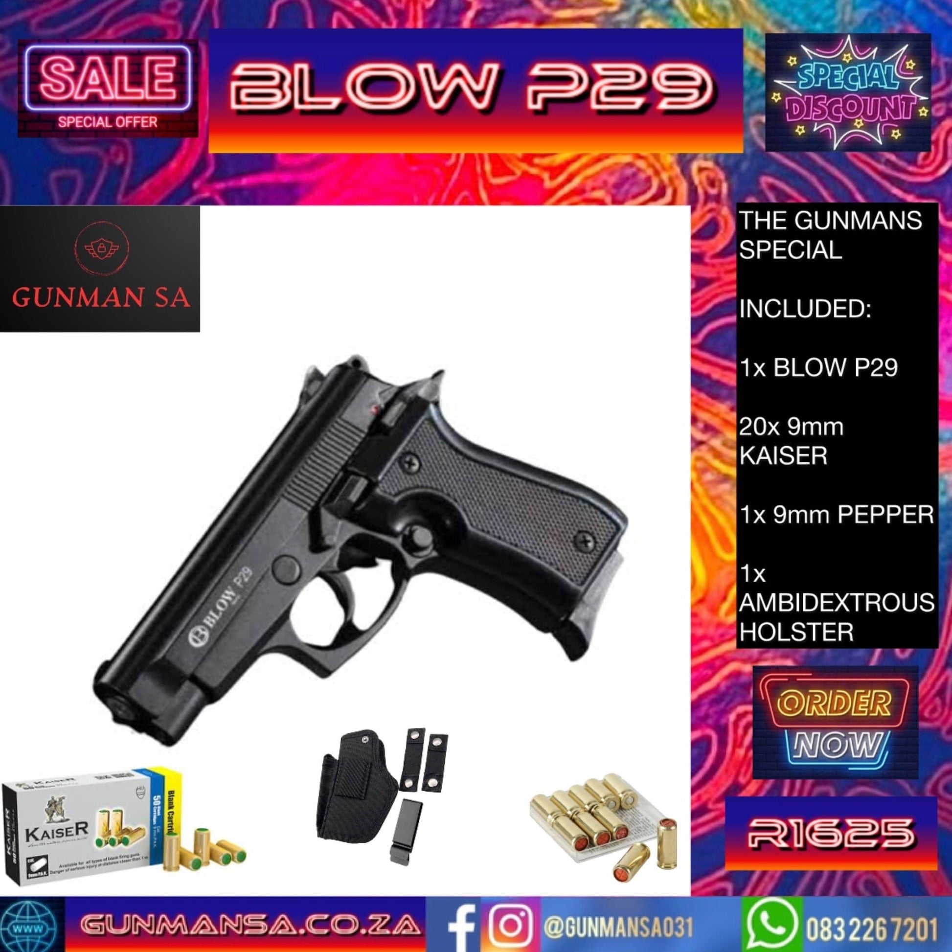 GUNMANSA BLOW P29 BLANK/PEPPER GUN + 20 9mm Blanks + 1 9mm Pepper + 1 Ambidextrous Holster SPECIAL - GSA