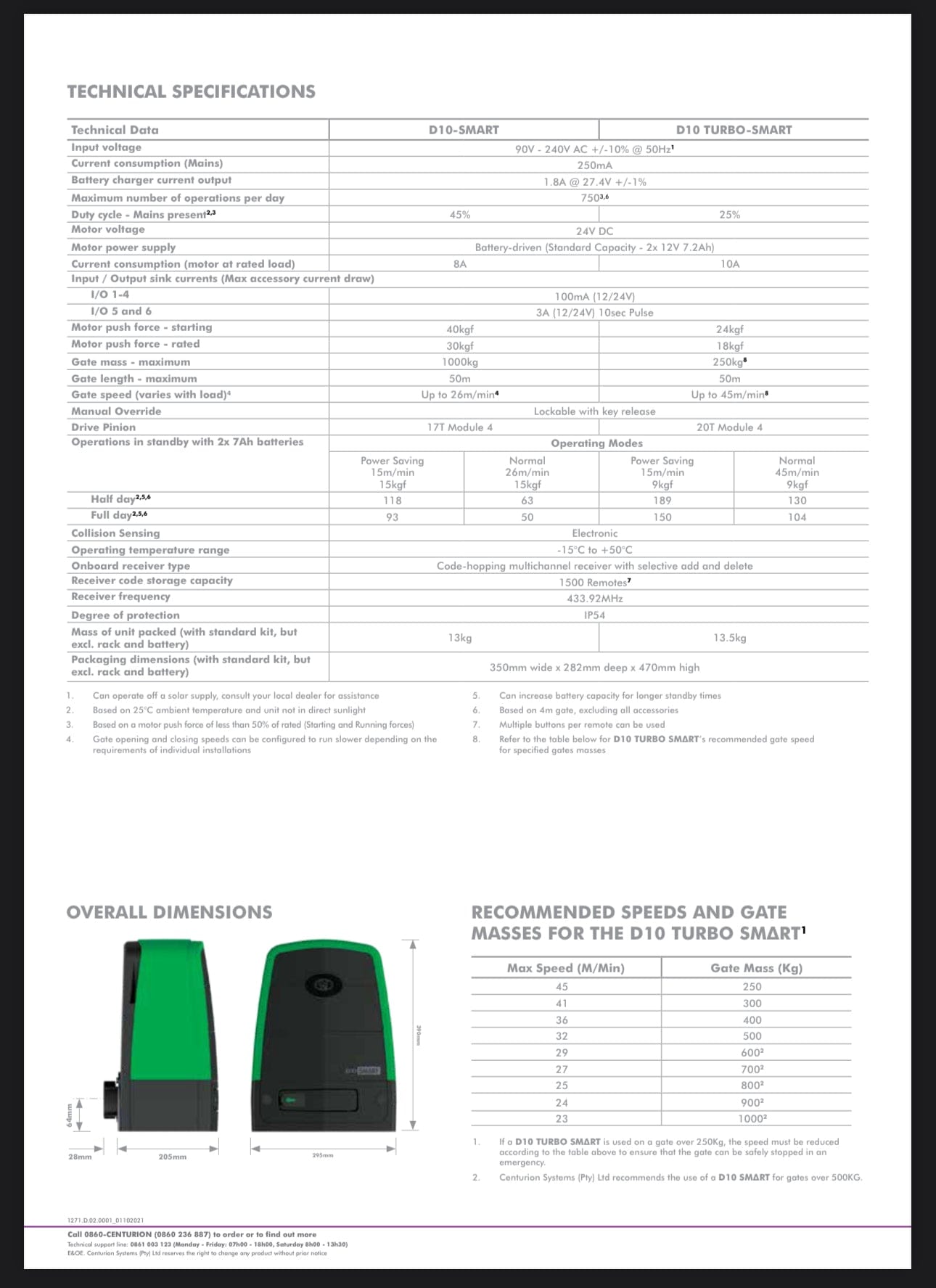 GUNMANSA Centurion Sliding Gate Kit D10 Smart Turbo 24VDC INCL Steel Rack 250kg + Base Plate