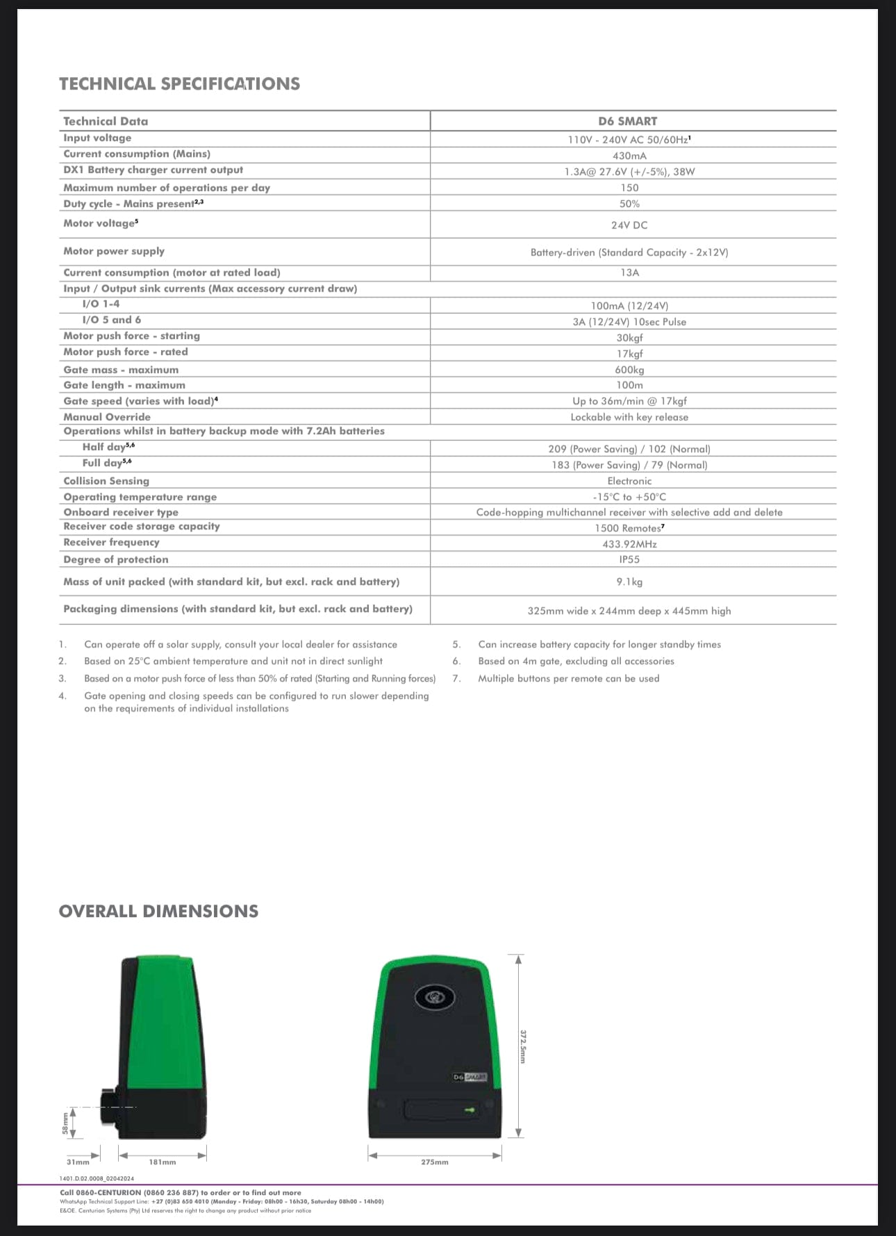 GUNMANSA Centurion Sliding Gate Kit D6 SMART + 2xTx4 + 4m Rack + Batt + Base Plate