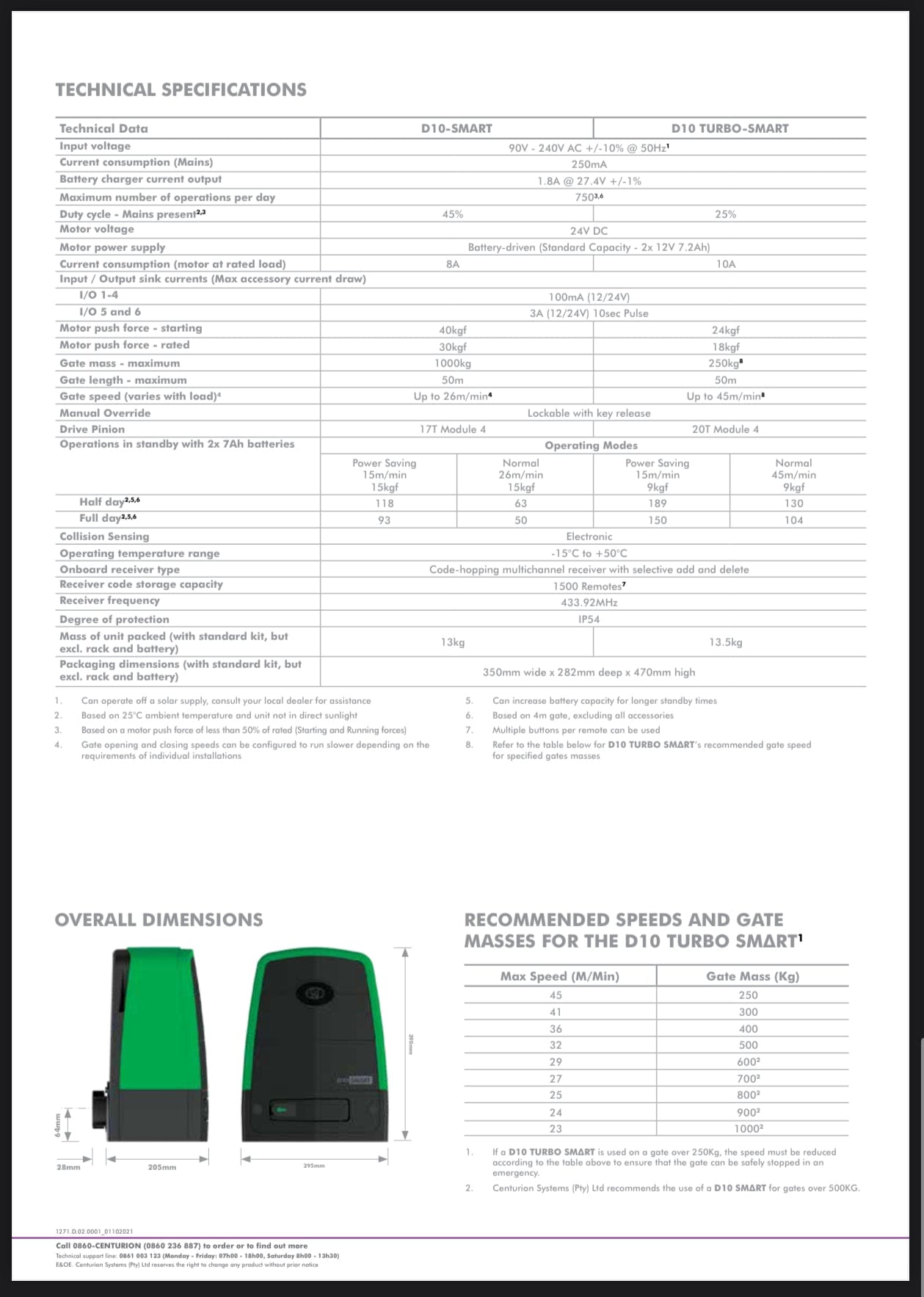 GUNMANSA Centurion Sliding Gate Motor D10 Smart 24VDC Motor Kit INCL Steel Rack & Base Plate (1000kg)