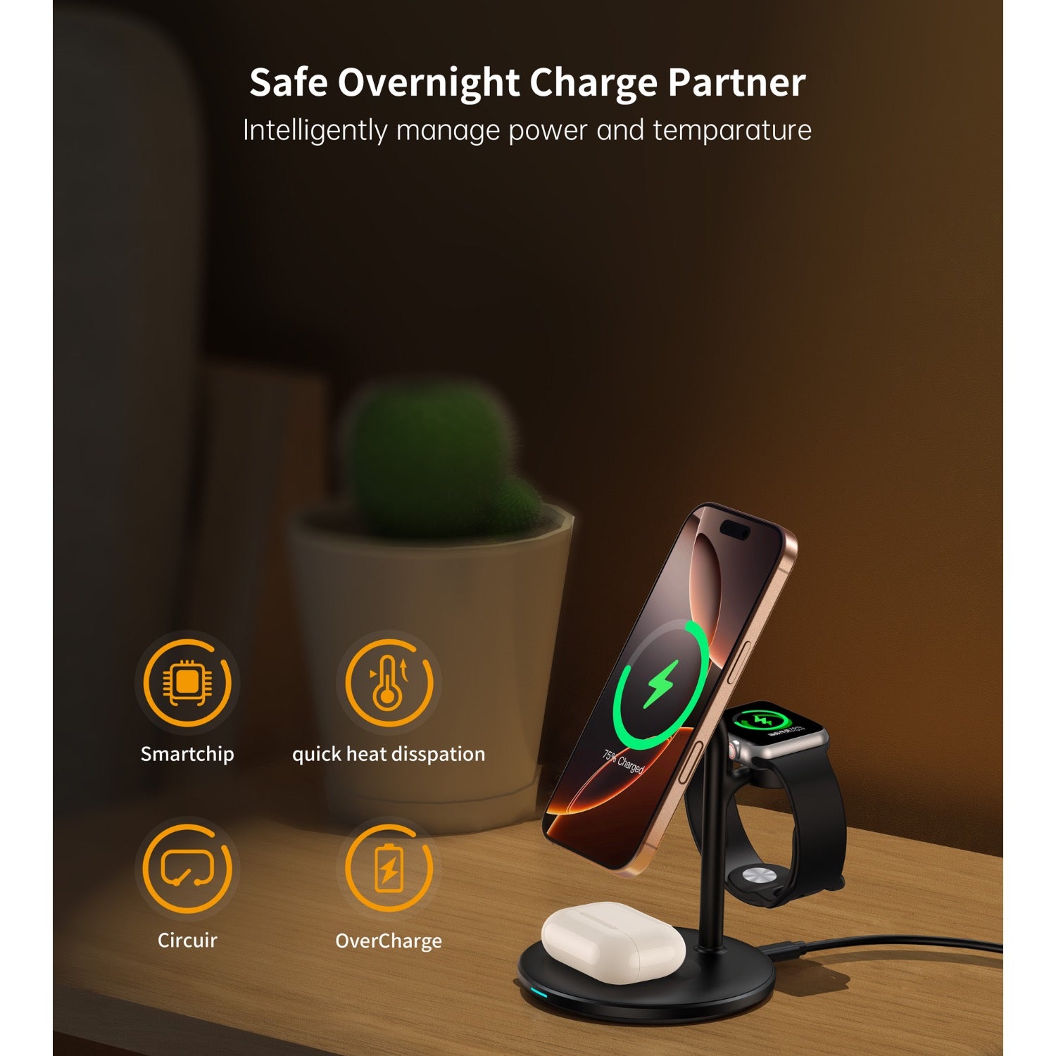 GUNMANSA Choetech Fast Wireless 3 In 1 Magnetic Charging Stand T585-F 15W - Black