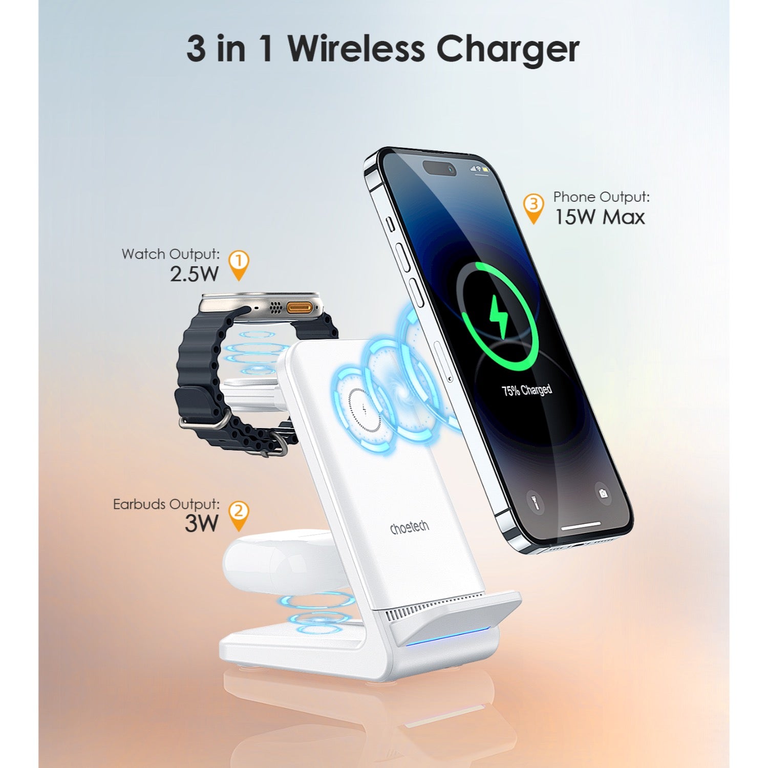 GUNMANSA Choetech Fast Wireless 4 In 1 Magnetic Charging Stand T608-F 15W - White