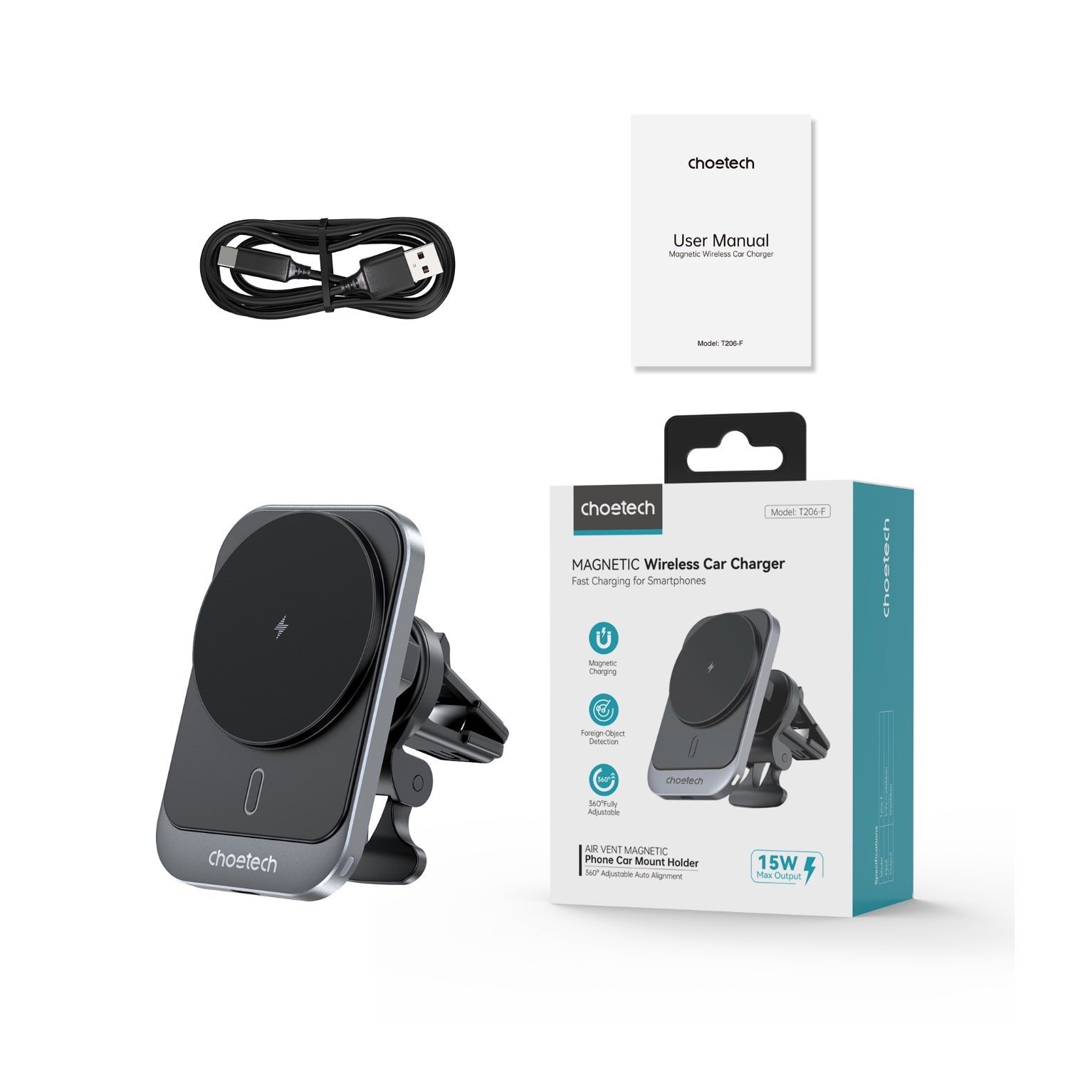 GUNMANSA Choetech Magnetic Wireless Car Charger T206-F 15W - Black