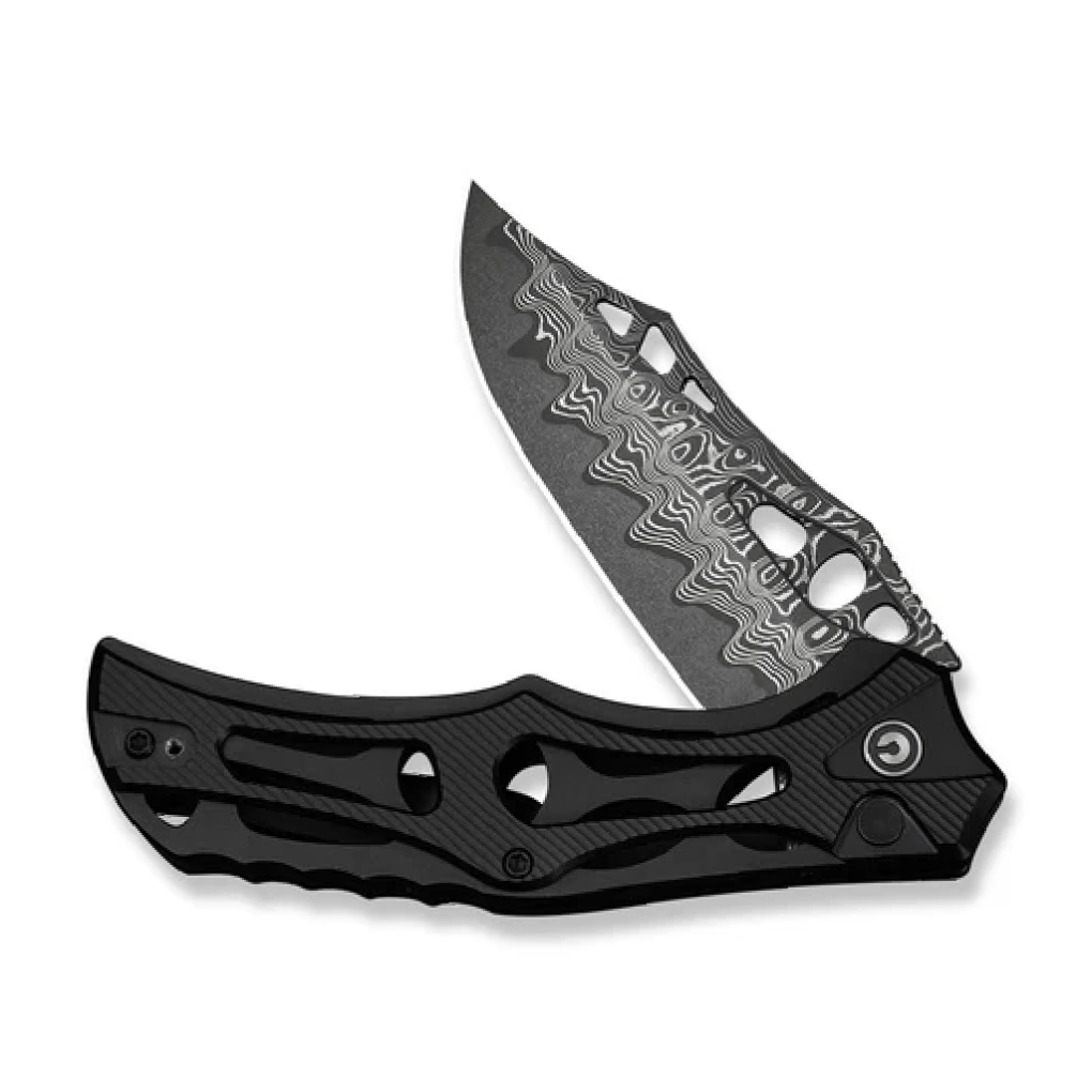 GUNMANSA Civivi Biophase Flipper & Button Lock Knife Black Handle Damascus C23083-DS1