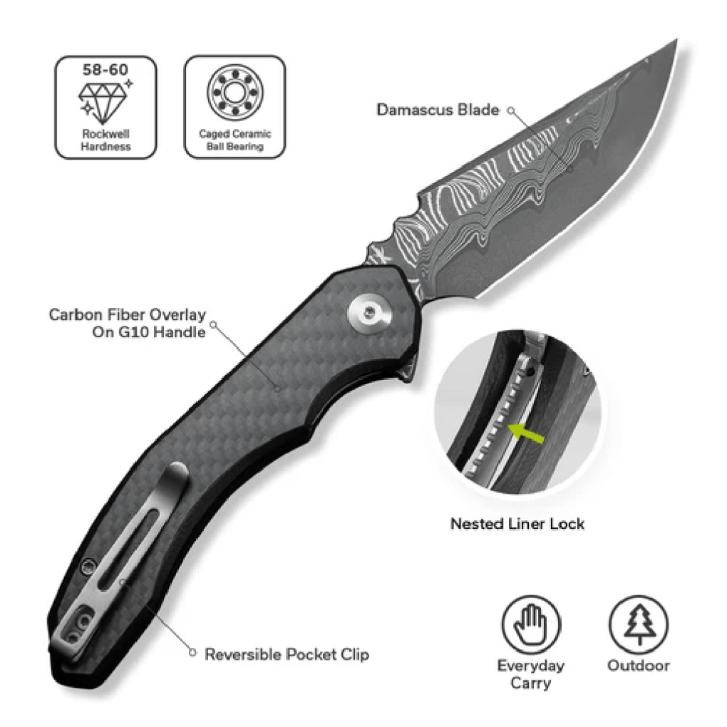 GUNMANSA Civivi Bluetick Flipper Knife Carbon Fiber Overlay On Black G10 Handle Knife C23050-DS2
