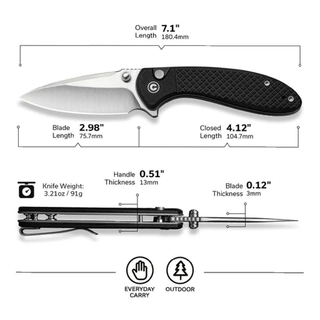 GUNMANSA Civivi Faeger Flipper &amp; Button Lock Knife Black C24031-1