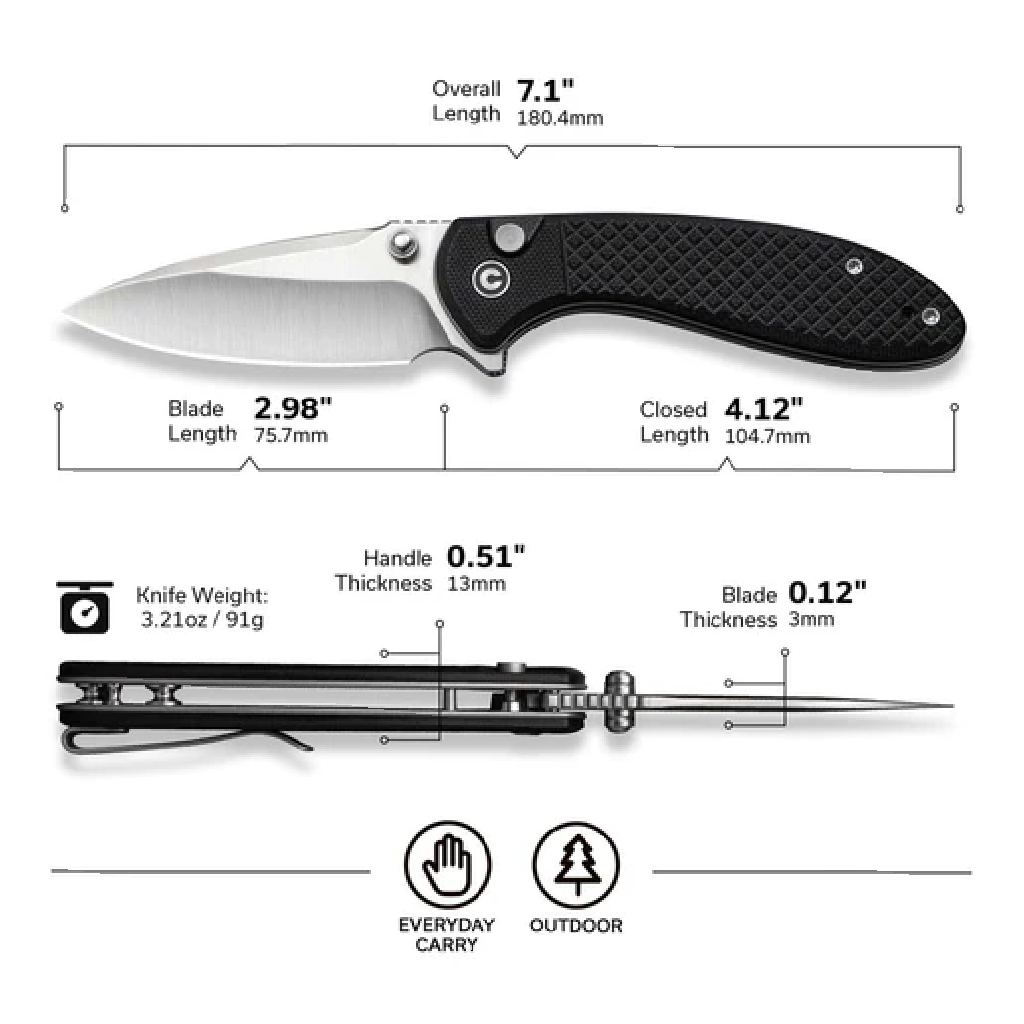 GUNMANSA Civivi Faeger Flipper & Button Lock Knife Black C24031-1
