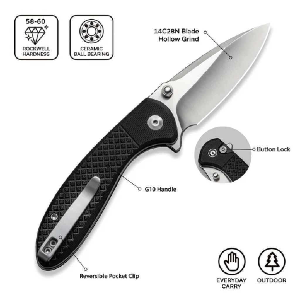 GUNMANSA Civivi Faeger Flipper & Button Lock Knife Black C24031-1