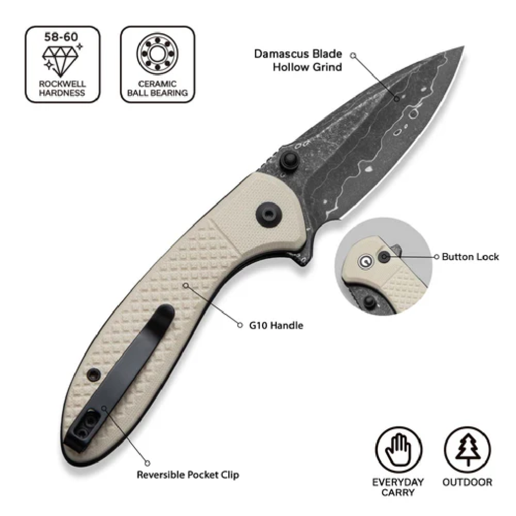 GUNMANSA Civivi Faeger Flipper & Button Lock Knife Ivory G10 Handle Damascus C24031-DS1