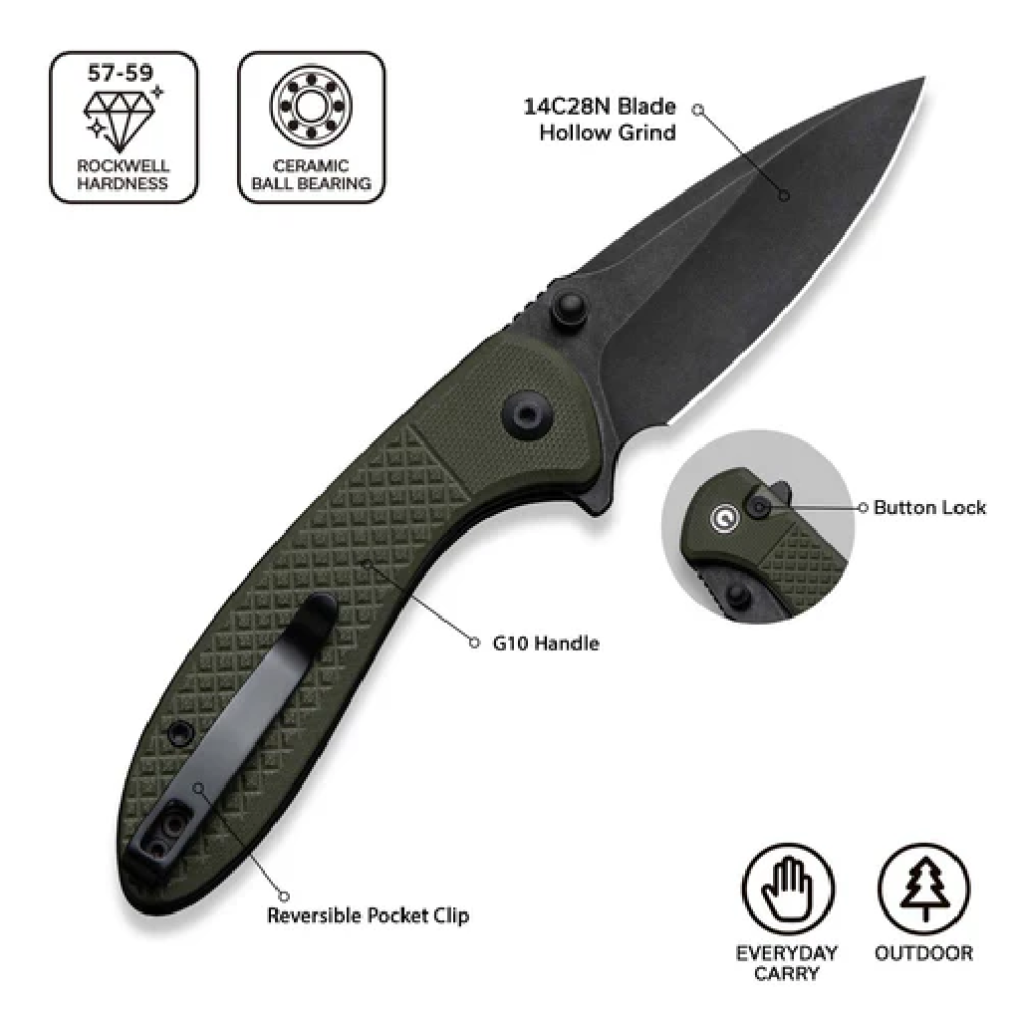 GUNMANSA Civivi Faeger Flipper & Button Lock Knife OD Green G10 Handle-C24031-2