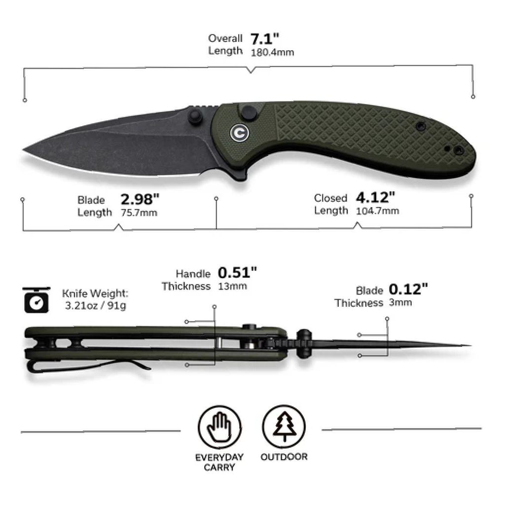 GUNMANSA Civivi Faeger Flipper & Button Lock Knife OD Green G10 Handle-C24031-2