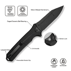 GUNMANSA Civivi Neurohaptic Flipper &amp; Button Lock Knife Black G10 Handle C23080-1