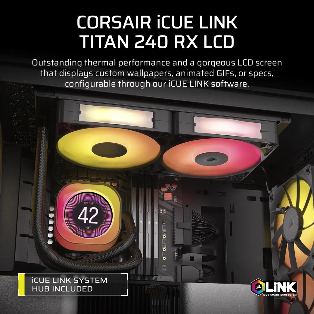 GUNMANSA Corsair iCUE LINK TITAN 240 RX LCD Liquid CPU Cooler – RX120 RGB Fans – Fits Intel® LGA 1851/1700; AMD® AM5/AM4.