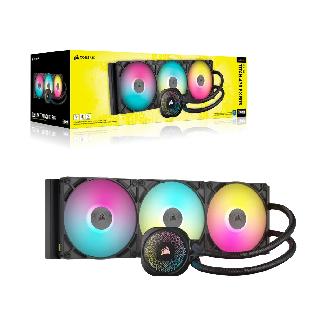 GUNMANSA CORSAIR iCUE LINK TITAN 420 RX RGB Liquid CPU Cooler – RX140 RGB Fans – Fits Intel® LGA 1851/1700; AMD® AM5/AM4