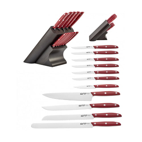 GUNMANSA DUE CIGNI 12PCE KITCHEN KNIFE SET RED WITH WENGE WOODEN BLOCK - 2C324