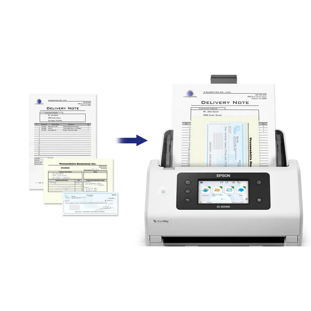 GUNMANSA Epson WorkForce DS-800WN -  50ppm/100ipm; 8;000 pages daily duty cycle. Duplex Scan. Network connectivity - USB 3.2 Gen1; Wi-Fi;