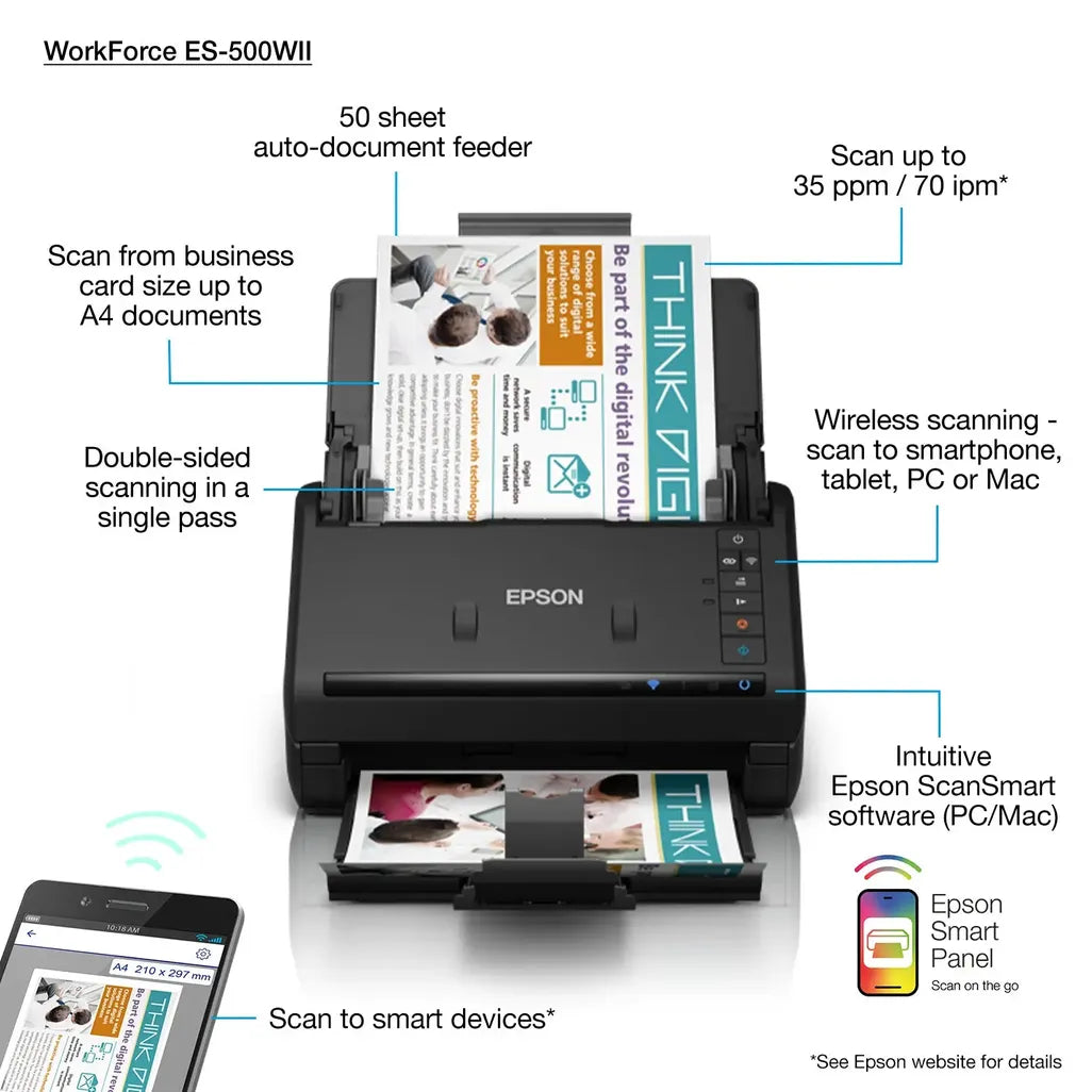 GUNMANSA Epson WorkForce ES-500W II Wireless A4 Auto-duplex scanner - Wireless scanning Scan to smartphone; tablet; PC