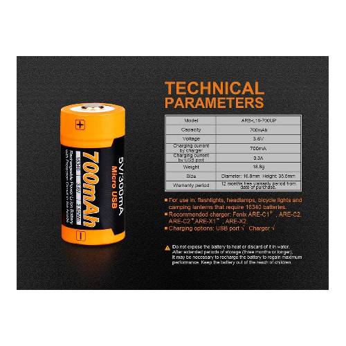 GUNMANSA Fenix ARB-L16-700UP 700mAh 16340 Battery