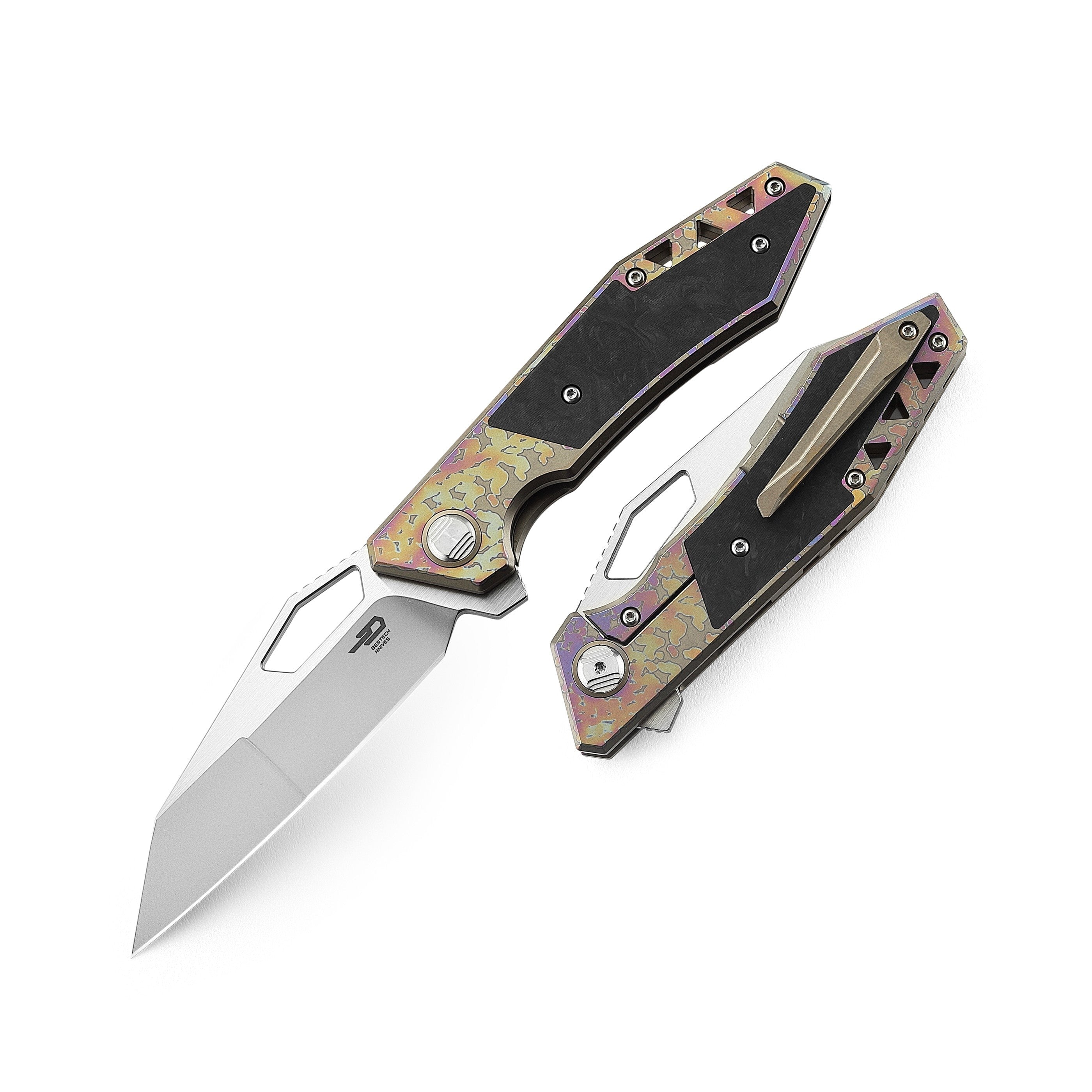 GUNMANSA Folding Knives Titanium Series BESTECH FRACTAL BT1907C Titanium+Carbon Fiber Inlay Handle: 3.46" S35VN Knife
