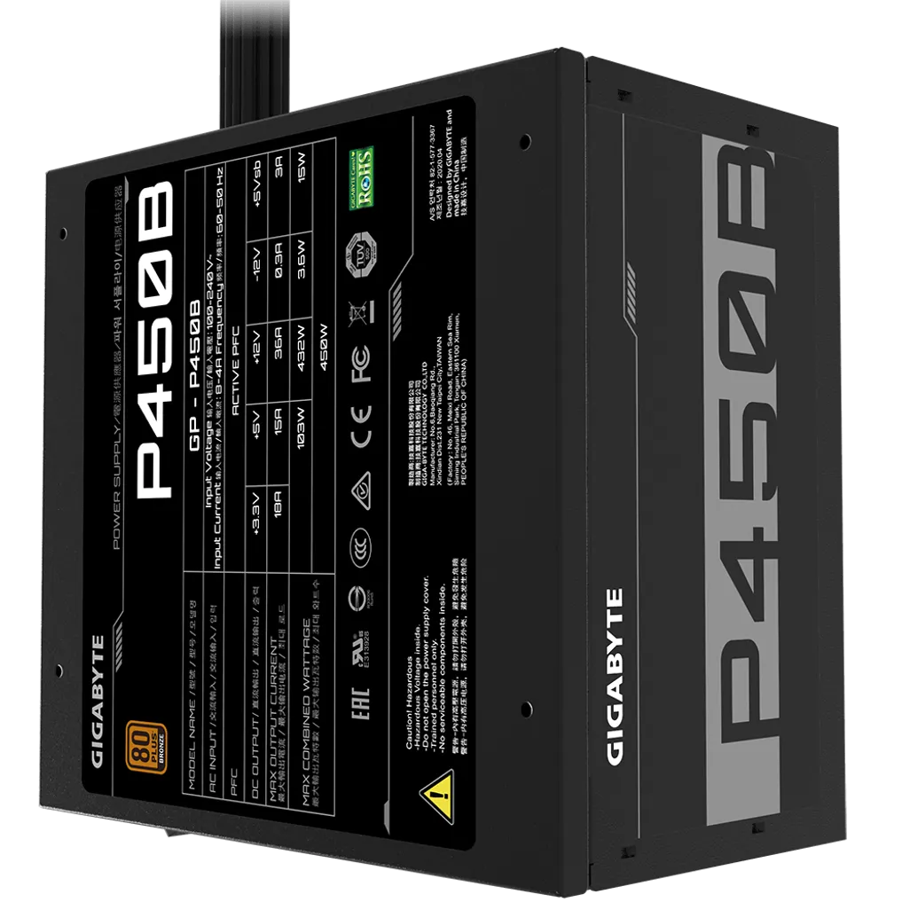 GUNMANSA Gigabyte PSU P450B Bronze Certified 450W - 3 Year Warranty; 24/20-pin x 1; CPU 4+4-pin x 1; PCI-E 6+2-pin x 2; SATA x 6; Peri x3