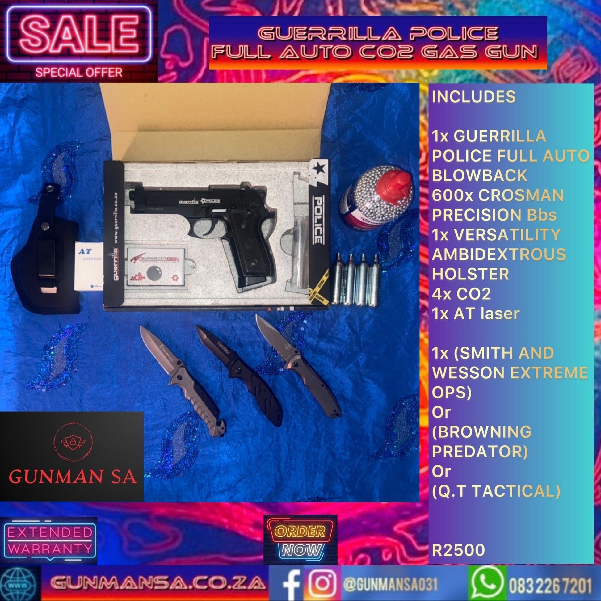 GUNMANSA GUERILLA POLICE + 600BBS + HOLSTER + 4(CO2) + LASER + KNIFE