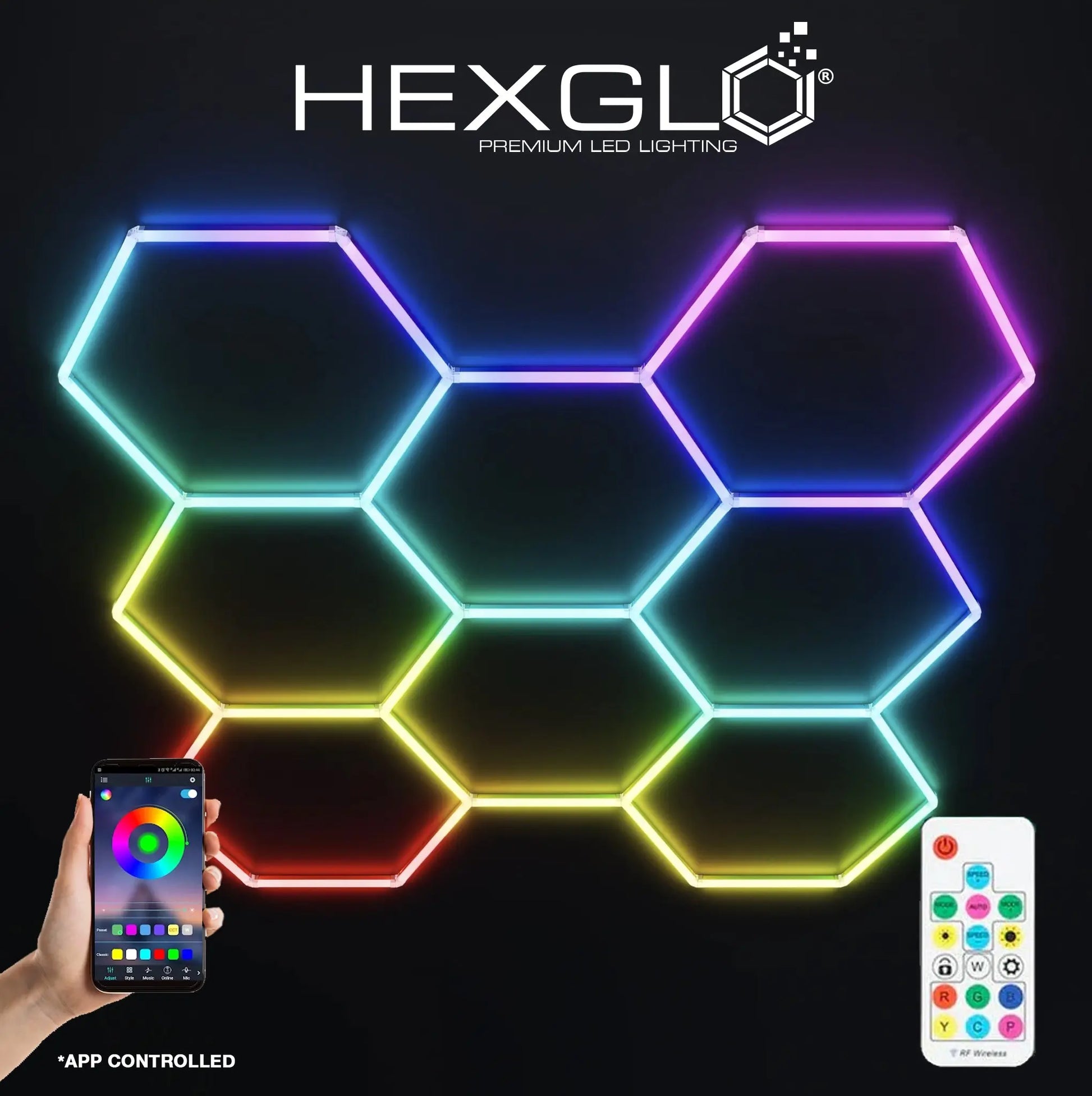 GUNMANSA Hexglo 8 Piece RGB Hexagon Modular LED Lighting Kit