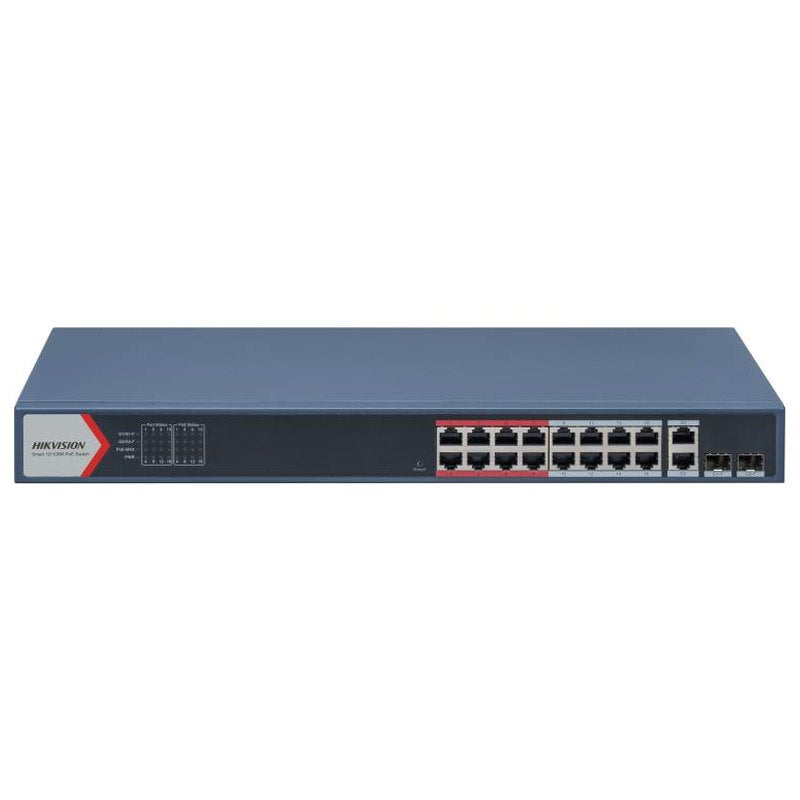 GUNMANSA Hikvision L2  Smart Managed Switch  16 10/100M RJ45 PoE ports  2 Gigabit combo ports  802.3af/at  PoE power budget 230W  Max. 300 meter long distance PoE transmission