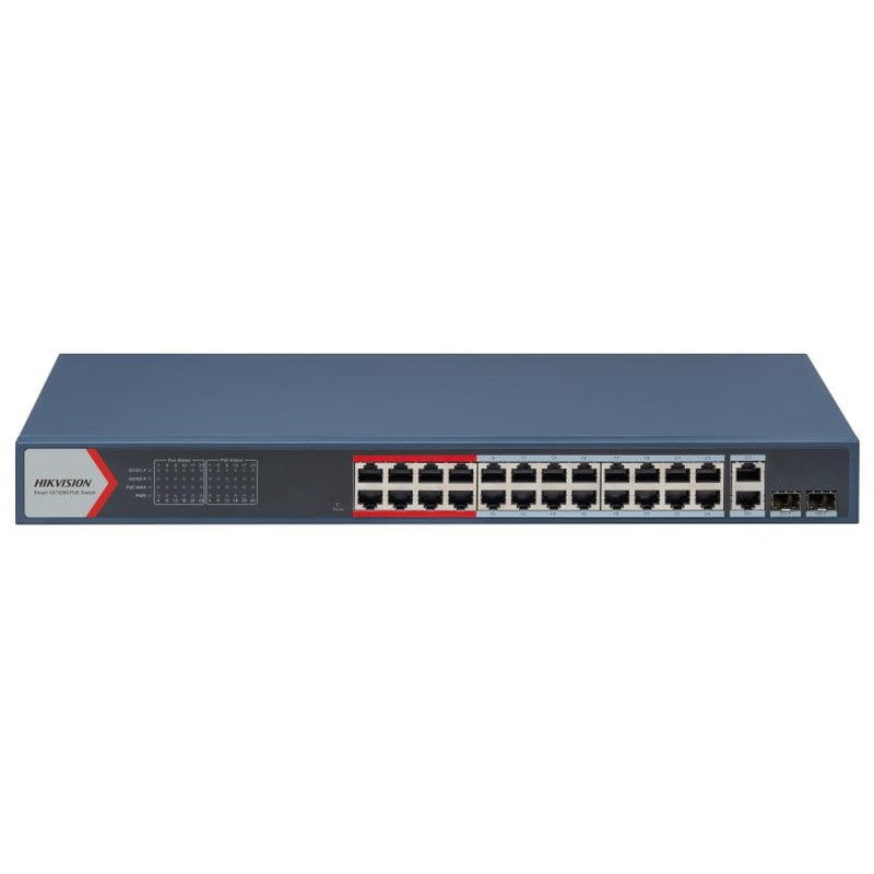 GUNMANSA Hikvision L2  Smart Managed Switch  24 10/100M RJ45 PoE ports  2 Gigabit combo ports  802.3af/at  PoE power budget 370W  Max. 300 meter long distance PoE transmission