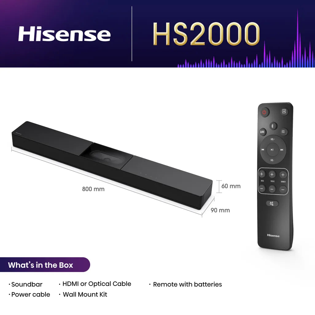 GUNMANSA Hisense HS2000, 2.1 channels, 240 W, DTS Virtual:X, Dolby Digital, Dolby Digital Plus, 20 kHz, 240 W, 50 - 60 Hz
