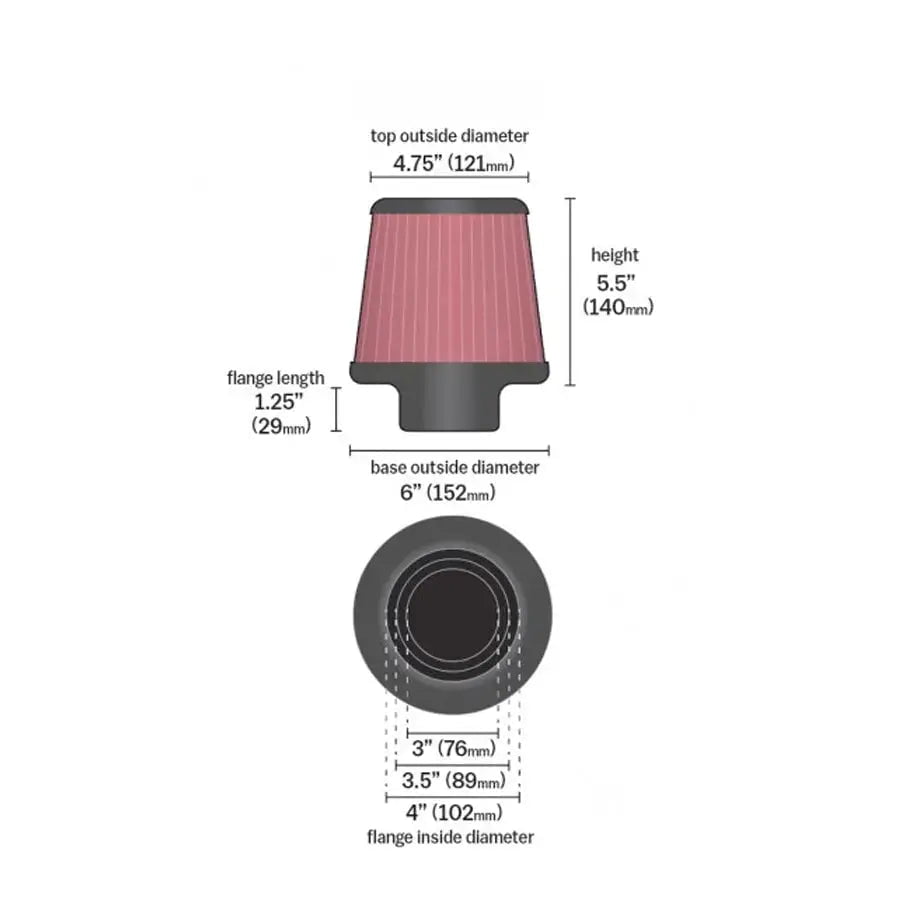 GUNMANSA K&N RG-1001 Performance Cone Air Filter (76mm/89mm/102mm)