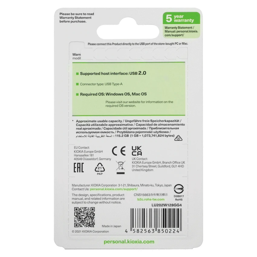 GUNMANSA Kioxia U202 128GB TransMemory USB 2.0 Flash Drive