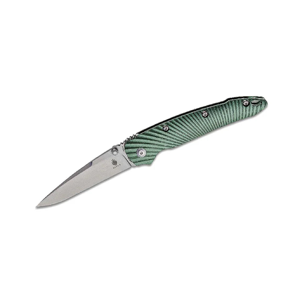 GUNMANSA Kizer Cutlery Stonewashed Blade, Green Aluminum Handles Folding Knife- Ki4419A3