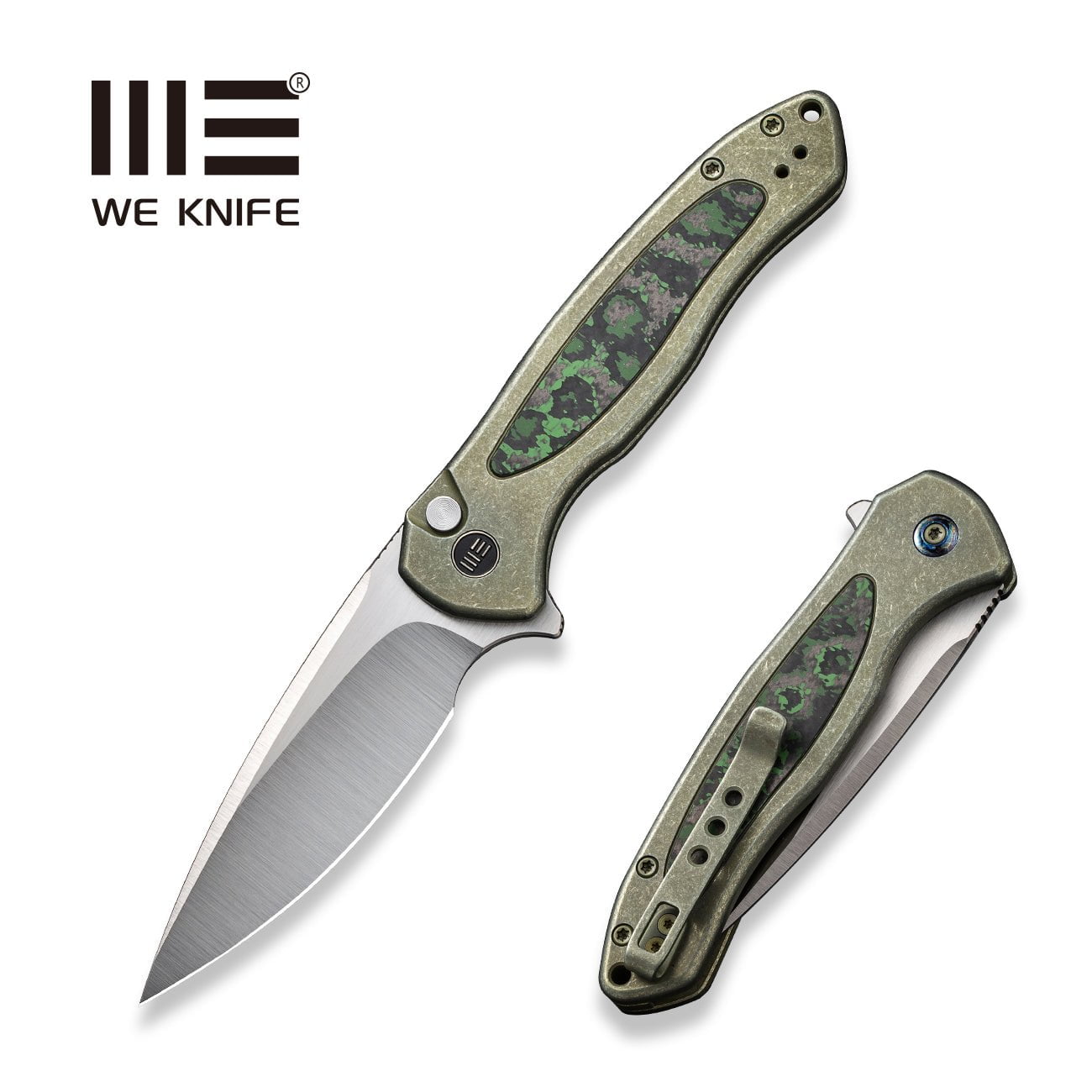 GUNMANSA Knife WEKNIFE Button Lock Kitefin Flipper Knife Titanium & FatCarbon Fiber Handle (3.22" CPM 20CV Blade) WE19002N-2