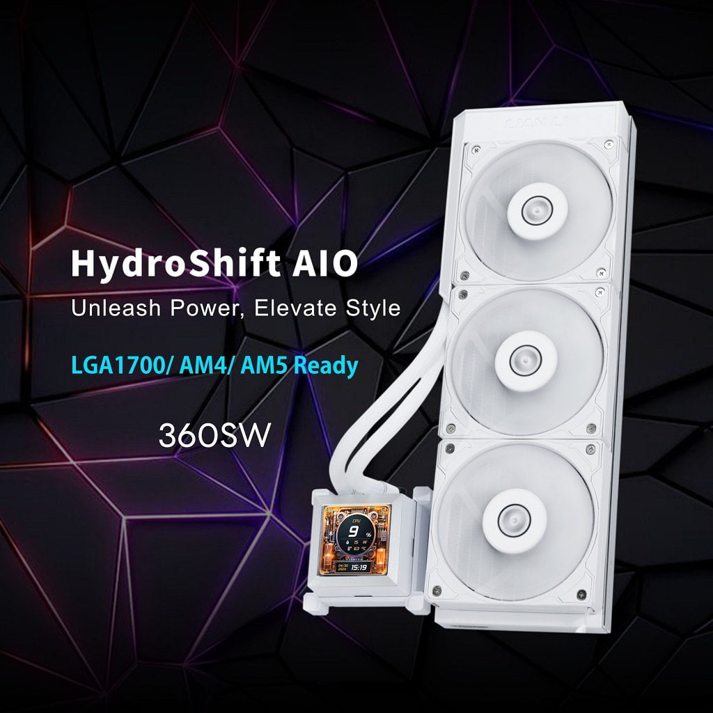 GUNMANSA Lian Li Hydroshift 360 AIO - Pre-installed 3 x 28MM Fans - Side-Mounted Coolant Pathway - 2.88 inch LCD Screen - 480 x 480 Resolution - Captured Screenshots or Recorded Videos - White (HSLCD36SW)