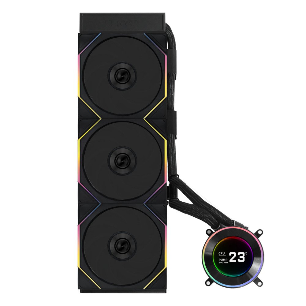 GUNMANSA Lian Li Hydroshift II 360 TL RGB Liquid CPU Cooler - 360mm AIO - 3X 120 RGB Fans - 2.1" IPS LCD Screen - 3 Control Mode - Flexible Tubes Clamp - LGA 1851/1700, AMD AM5/AM4 - Black (HS2LCD36TB)