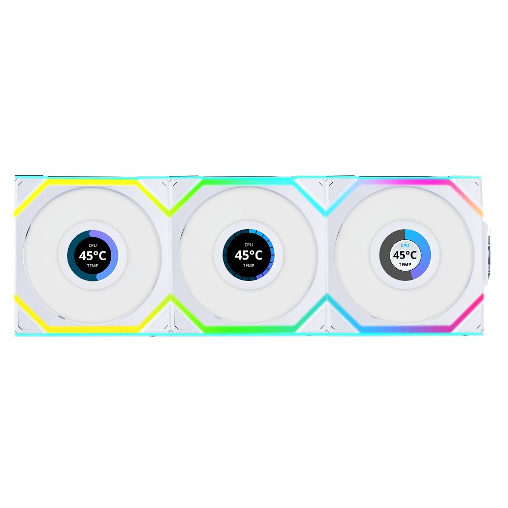 GUNMANSA Lian Li UNI Fan SL-LCD Wireless 120-Triple Pack - Performance ARGB Fan, 1.6 inch LCD Display, Wireless Connector, Daisy-Chain Design, Customizable Lighting Effects, 400x400 Res.-White (12SLLCD1W3W)