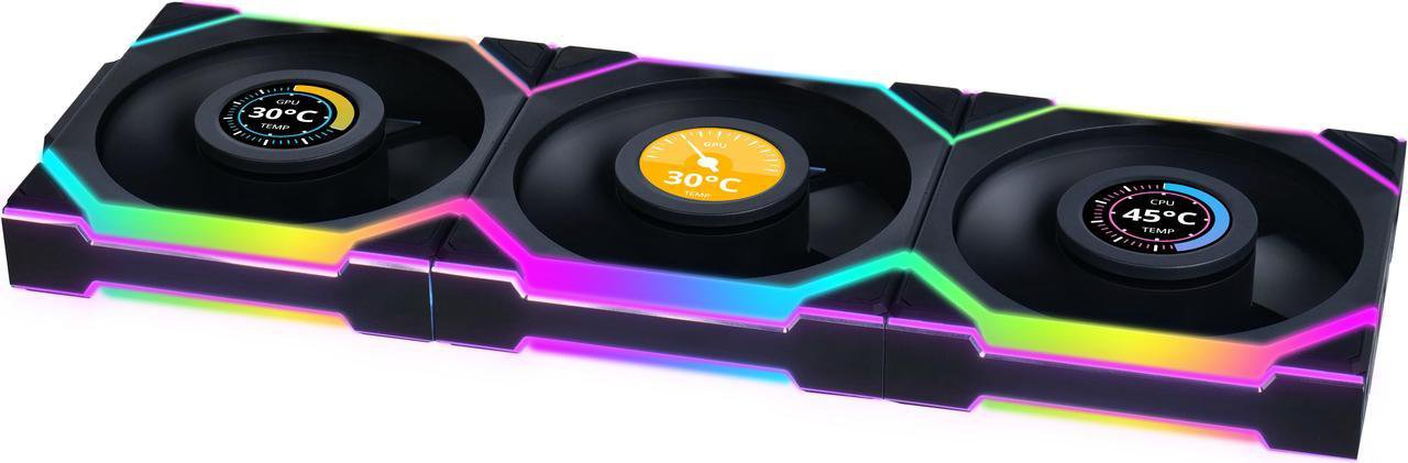 GUNMANSA Lian Li UNI Fan SL-LCD Wireless 120 - Triple Pack - Performance ARGB Fan w/ 1.6 inch LCD Display, Wireless Connector, Daisy-Chain Design, Customizable Lighting Effects, 400x400 Res.-Black (12SLLCD1W3B)