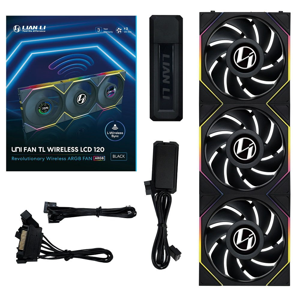 GUNMANSA Lian Li UNI Fan TL LCD 120 Wireless - Seamless Wireless Control Fan w/ LCD Screen - LCP Fan Blade - Daisy-Chained Style - Customizable RGB LEDs - Triple Pack With Controller - Black (12TLLCD1W3B)