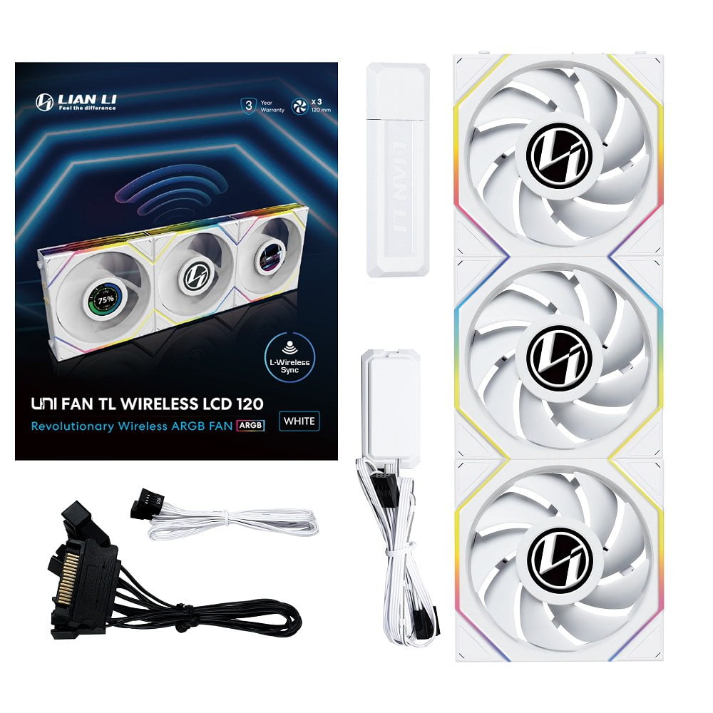 GUNMANSA Lian Li UNI Fan TL LCD 120 Wireless - Seamless Wireless Control Fan w/ LCD Screen - LCP Fan Blade - Daisy-Chained Style - Customizable RGB LEDs - Triple Pack With Controller - White (12TLLCD1W3W)