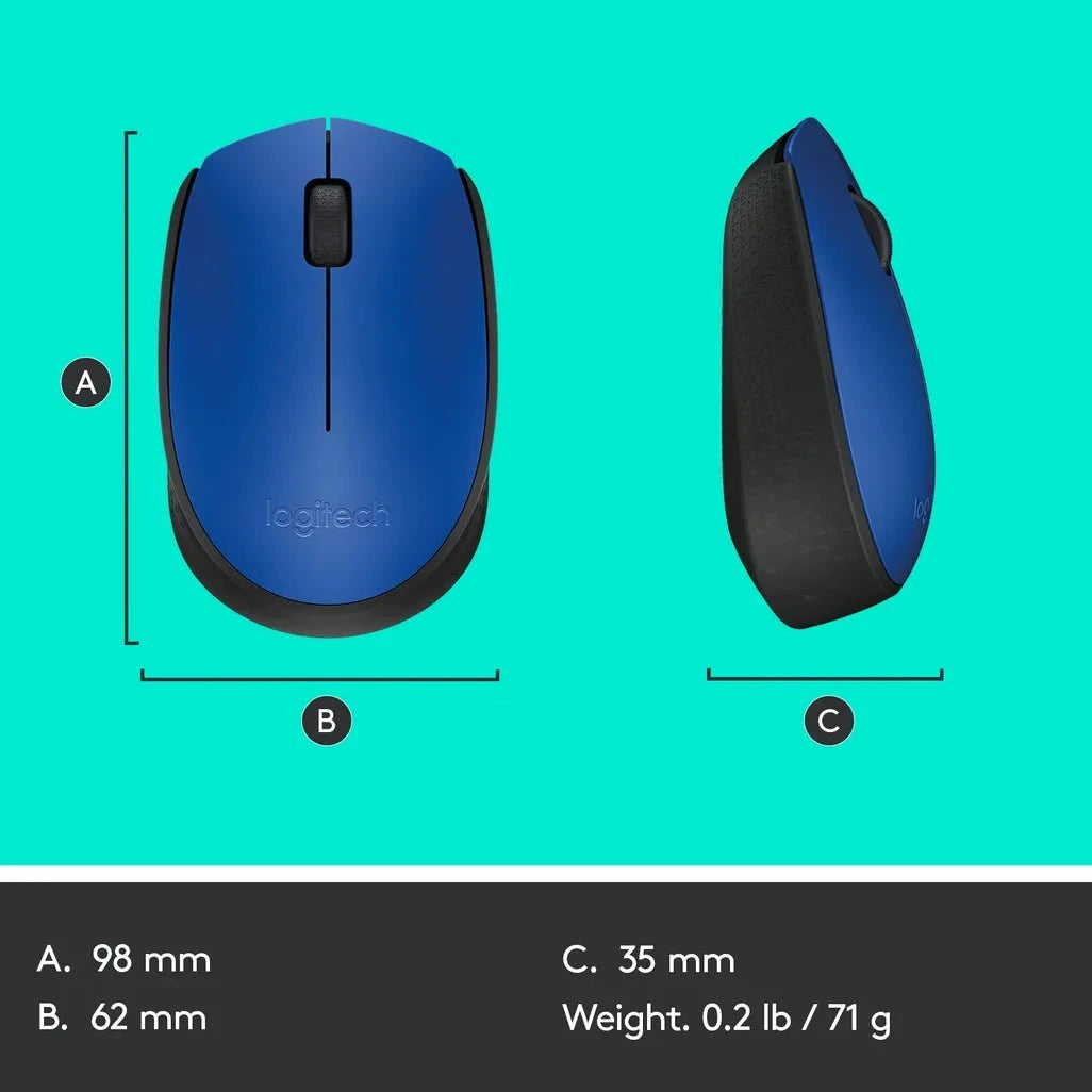 GUNMANSA Logitech M170 Wireless Mouse, Ambidextrous, Optical, RF Wireless, 1000 DPI, Blue
