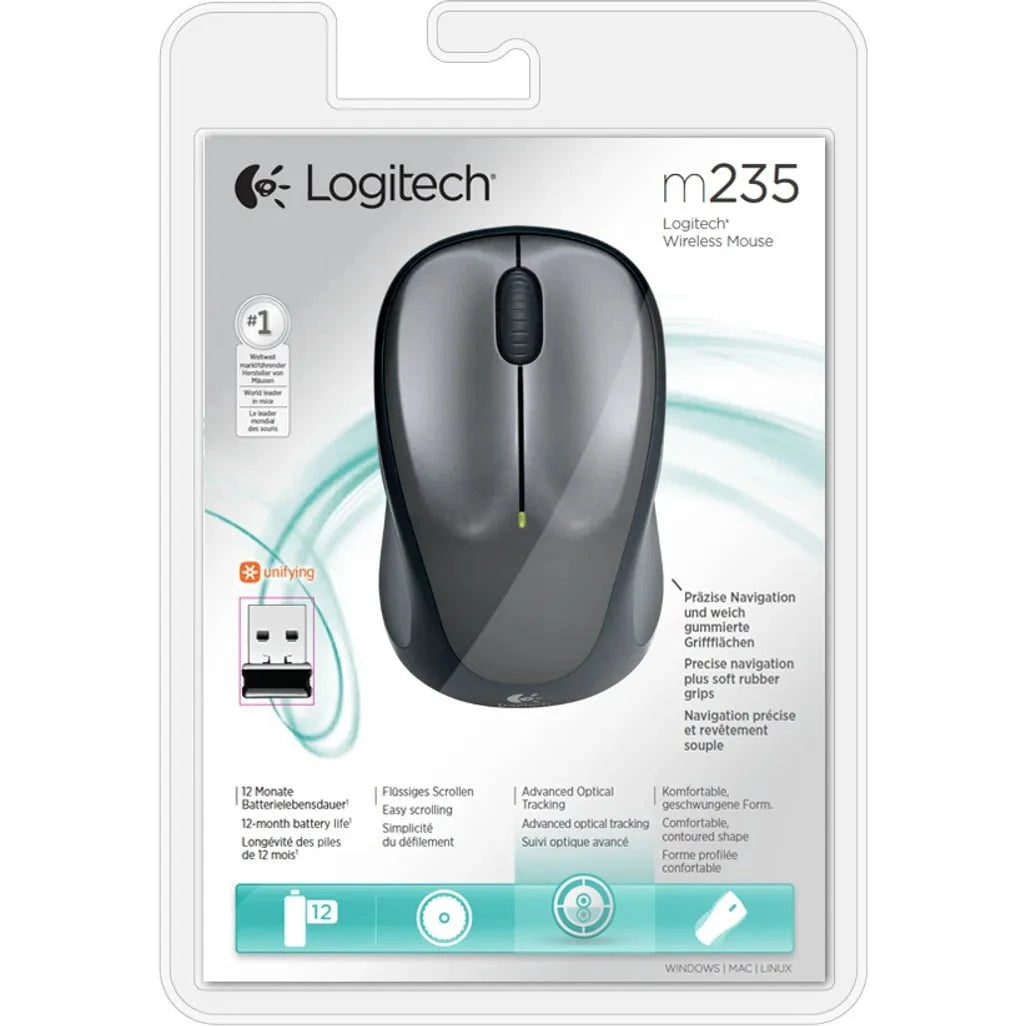 GUNMANSA Logitech Wireless Mouse M235, Ambidextrous, Optical, RF Wireless, 1000 DPI, Grey