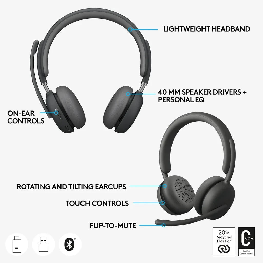 GUNMANSA Logitech Zone Wireless 2 Teams, Wired & Wireless, Office/Call center, 230 g, Headset, Graphite