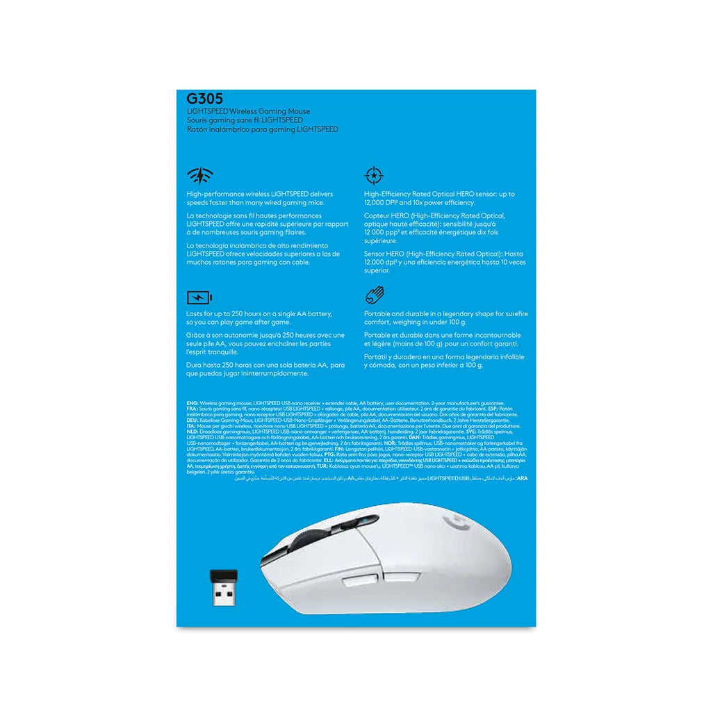 GUNMANSA LogitechÂ® G305 LIGHTSPEED Wireless Gaming Mouse - WHITE - 2.4GHZ/BT - N/A - EWR2 - G305
